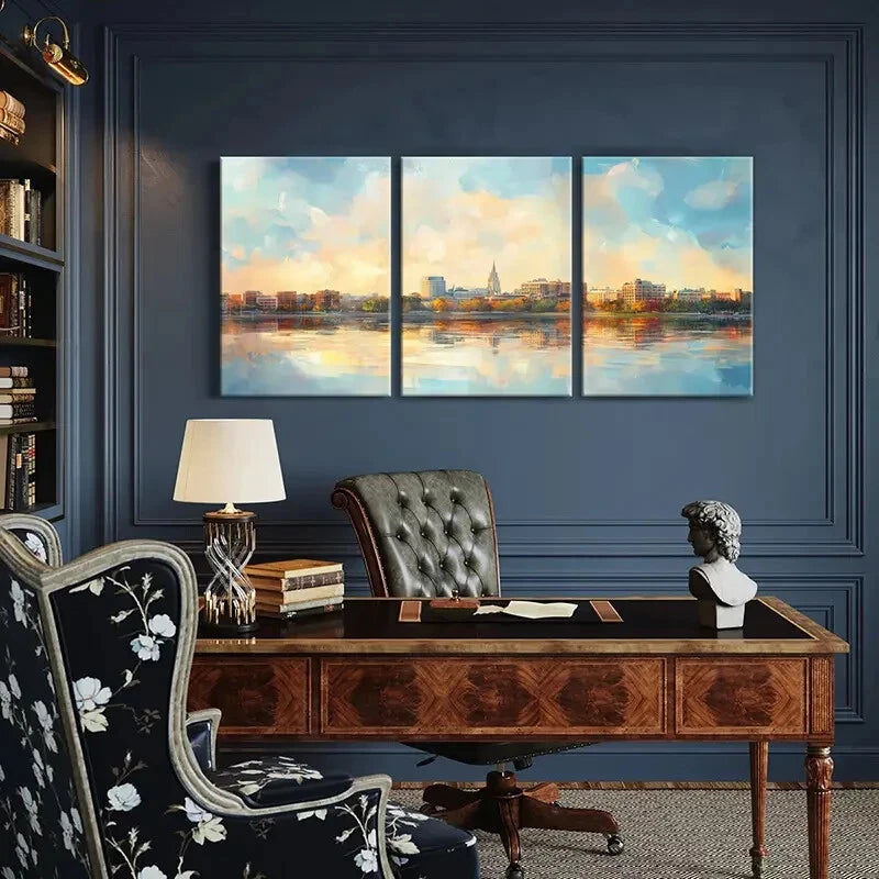 3pcs Cityscape Waterfront View Architectural Metal Print Ready to Hang Art