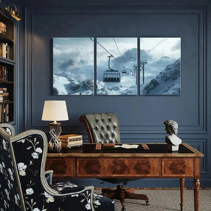 3pcs Alpine Ski Lift Snowy Mountains Landscape Metal Print Ready to Hang Art