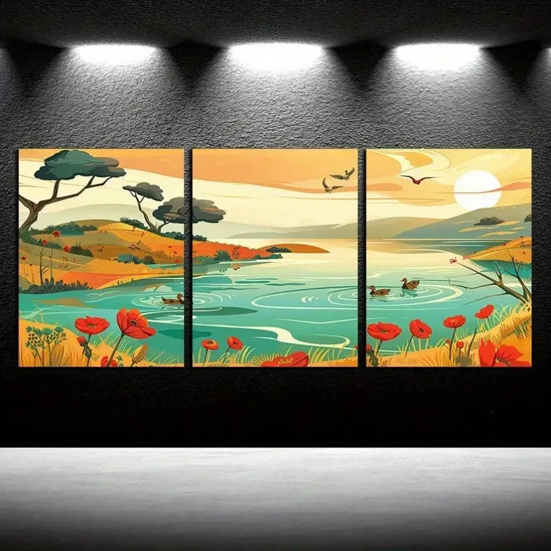 3pcs Vibrant Serene Pond and Ducks Scene Metal Print Ready to Hang Art