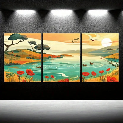 3pcs Vibrant Serene Pond and Ducks Scene Metal Print Ready to Hang Art