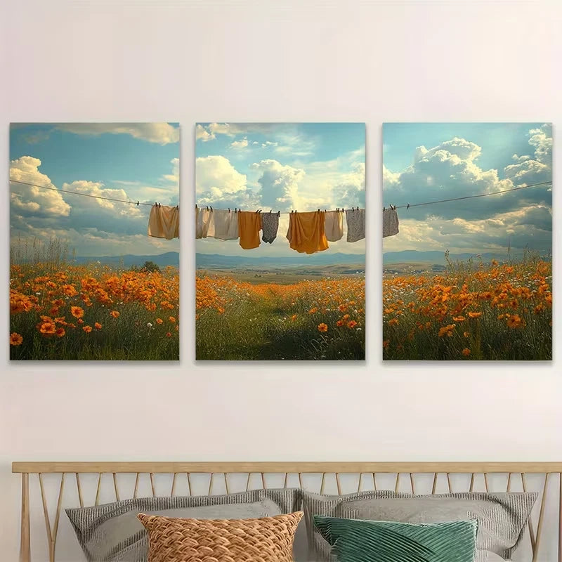 3pcs Rustic Clothesline Field Landscape w Wall Art Set Canvas Framed 40x60cm - High Quality Print 100% Australian Made Wall Canvas Ready to Hang