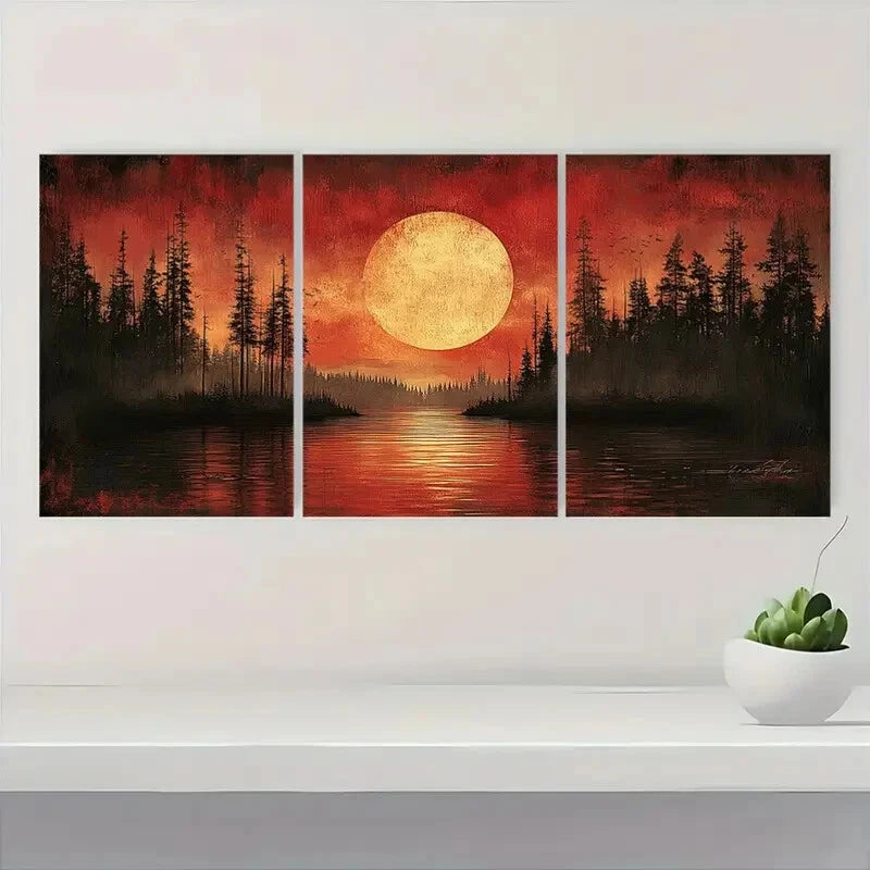 3pcs Vibrant Red Sunset with Pine Trees Lake Scene Metal Print Ready to Hang Art