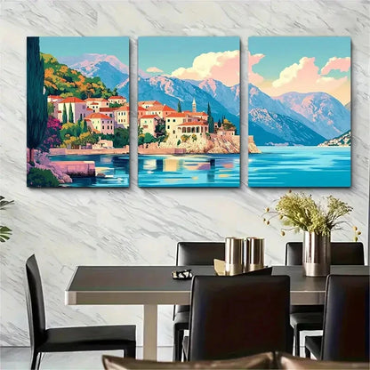 3pcs Vibrant Coastal Town & Mountain Scenery Metal Print Ready to Hang Art