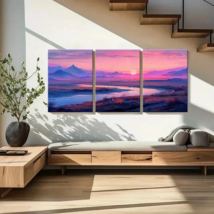 3pcs Sunset Over Mountains Pink Sky Serene Lake Metal Print Ready to Hang Art