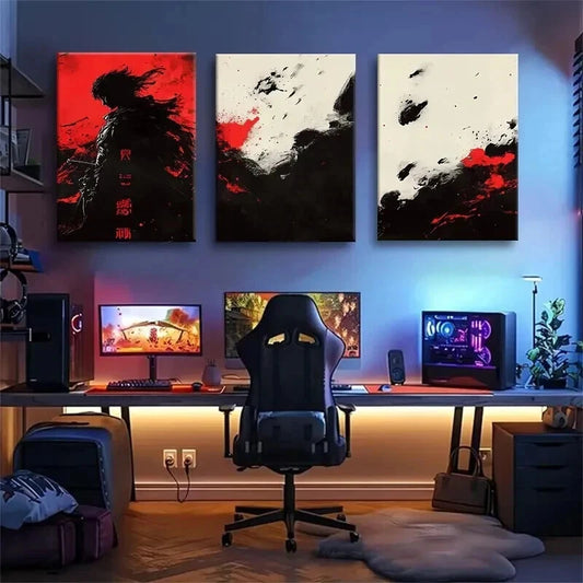 3pcs Samurai Warrior Japanese Dark Red Perfect Wall Art Set Canvas Framed 40x60cm - High Quality Print 100% Australian Made Wall Canvas Ready to Hang