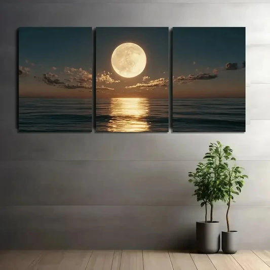 3pcs Full Moon Setting Over the Ocean Metal Print Ready to Hang Art
