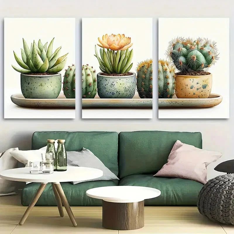 3pcs Green Cactus and Florals with Vase Metal Print Ready to Hang Art