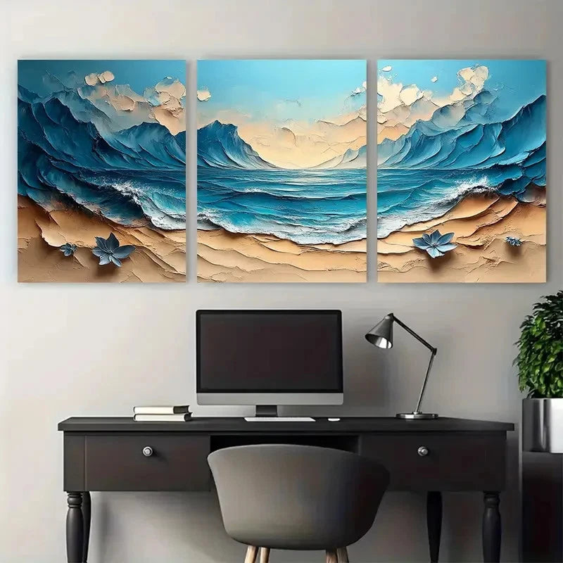 3pcs Modern Neutral Mountain with Florals Design Wall Art Set Canvas Framed 40x60cm - High Quality Print 100% Australian Made Wall Canvas Ready to Hang