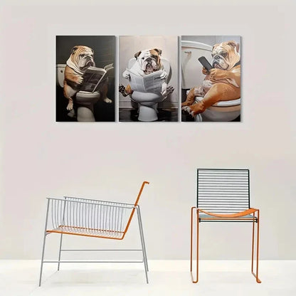 3pcs Adorable Bulldog on Toilet Funny Animal Metal Print Ready to Hang Art