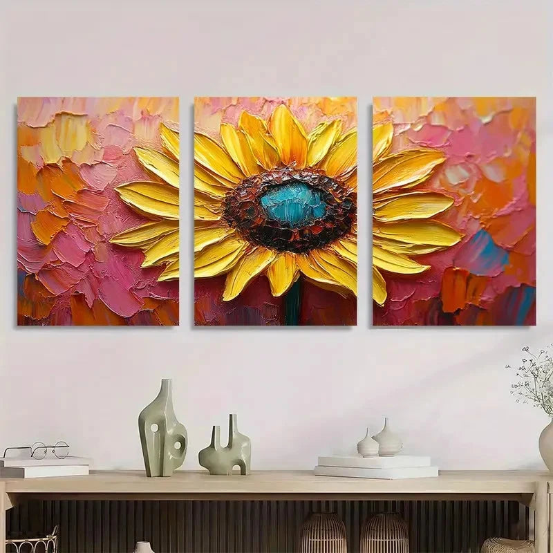 3pcs Sunflower Yellow Floral Abstract Perfect Wall Art Set Canvas Framed 40x60cm - High Quality Print 100% Australian Made Wall Canvas Ready to Hang