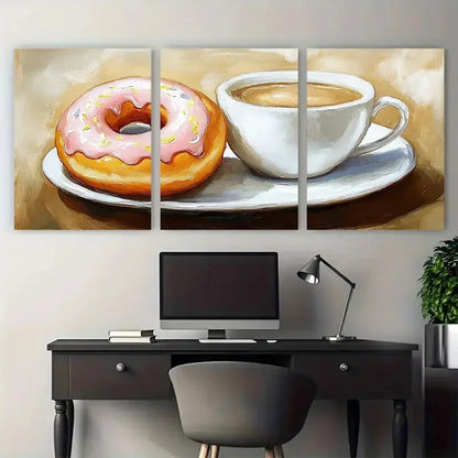 3pcs Coffee and Donut Painting Breakfast Wall Art Set Canvas Framed 50x70cm - High Quality Print 100% Australian Made Wall Canvas Ready to Hang