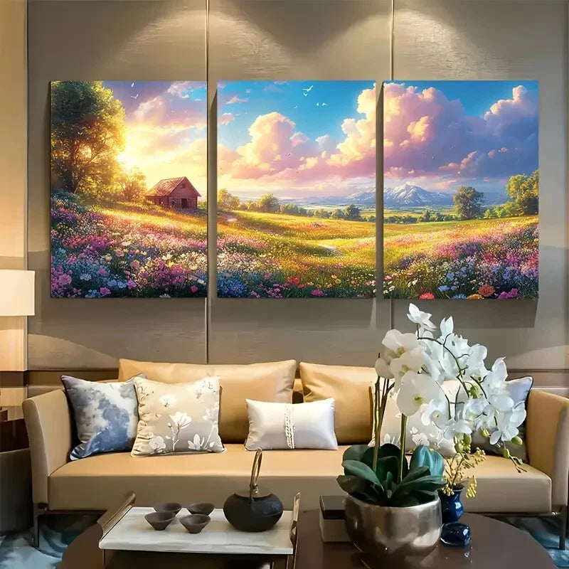 3pcs Flower Fields Quaint Farmhouse and Mountain Metal Print Ready to Hang Art