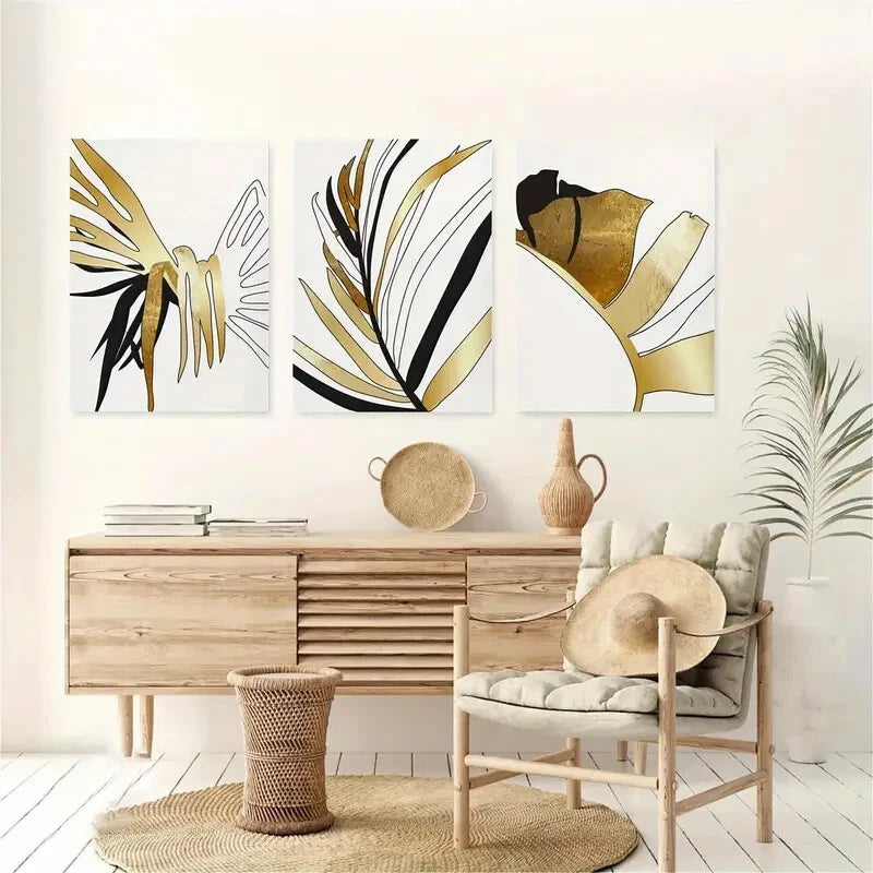 3pcs Black and Golden Modern Botanical Design Metal Print Ready to Hang Art