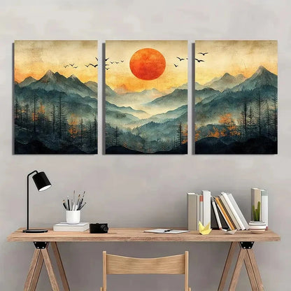 3pcs Mountain Landscape with Sun and Birds Wall Art Set Canvas Framed 40x60cm - High Quality Print 100% Australian Made Wall Canvas Ready to Hang