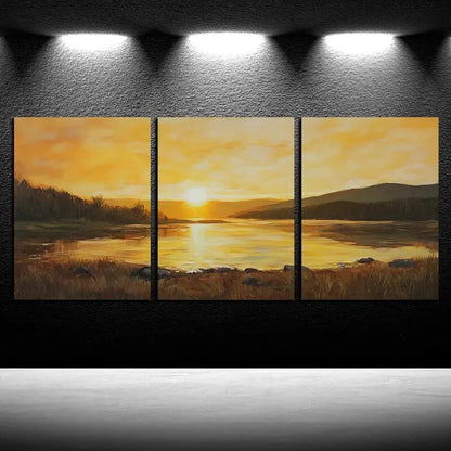 3pcs Vibrant lake under the sunset Metal Print Ready to Hang Art