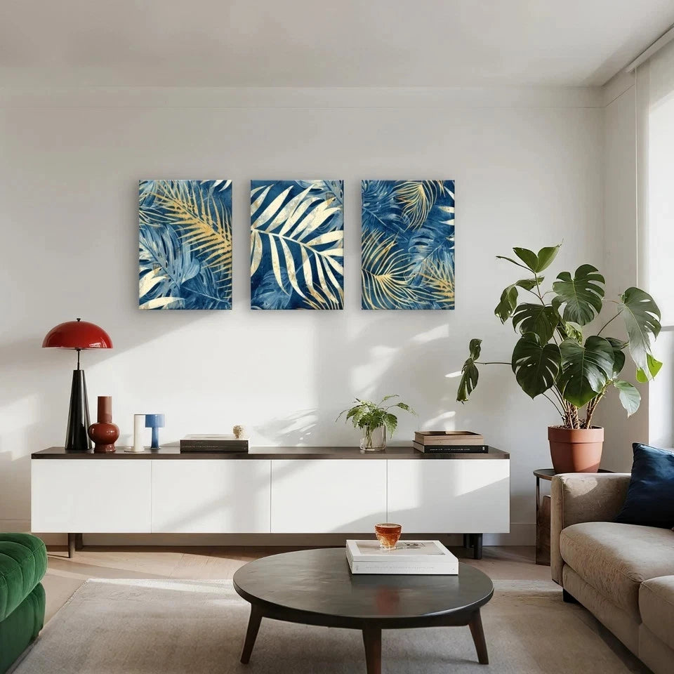 3pcs Modern Abstract Blue and Gold Palm Leaves Wall Art Set Canvas Framed 50x70cm - High Quality Print 100% Australian Made Wall Canvas Ready to Hang
