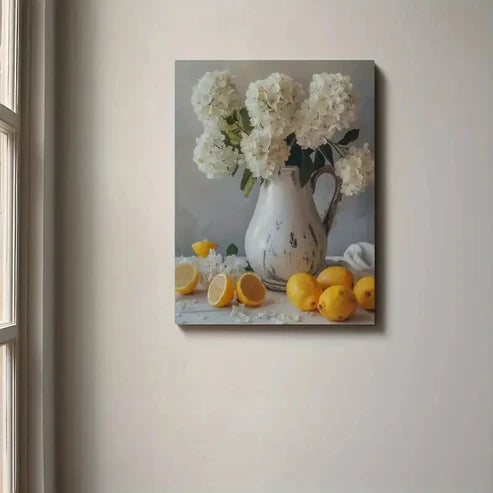 Beautiful Rustic White Jug & Lemon Painting  60x90cm Metal Print Ready to Hang