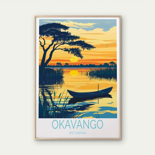 Okavango Botswana, Sunset & Boat in Lake Travel Poster Print Wall Art