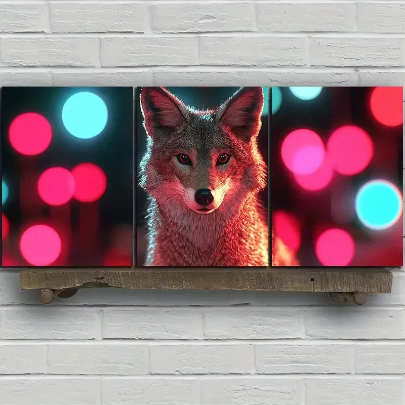 3pcs Charming Coyote Trio Colourful Bubbles Metal Print Ready to Hang Art