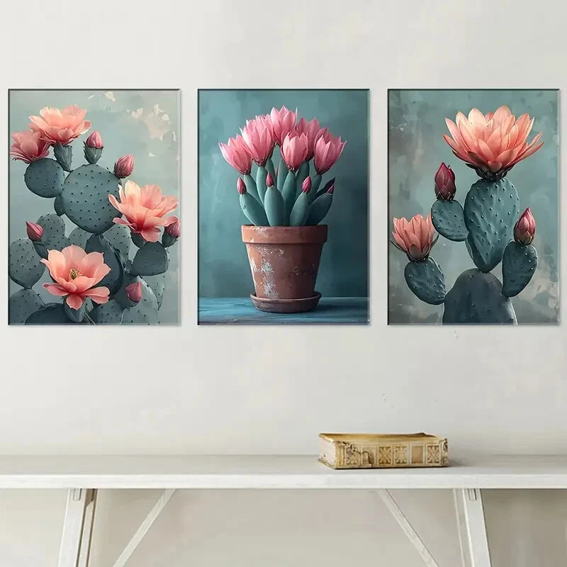 3pcs Stylish Cactus Flower Art Landscape Metal Print Ready to Hang Art