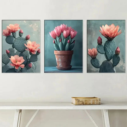 3pcs Stylish Cactus Flower Art Landscape Metal Print Ready to Hang Art
