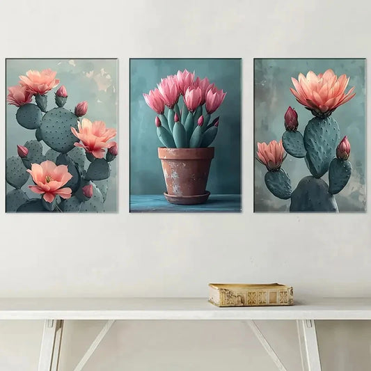3pcs Stylish Cactus Flower Art Landscape Metal Print Ready to Hang Art