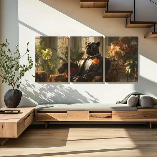 3pcs Elegant Panther In Tuxedo Sunlit Room Metal Print Ready to Hang Art
