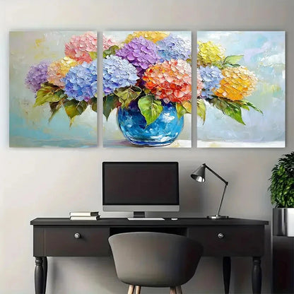 3pcs Hydrangea Bouquet in Blue Glass Vase Metal Print Ready to Hang Art
