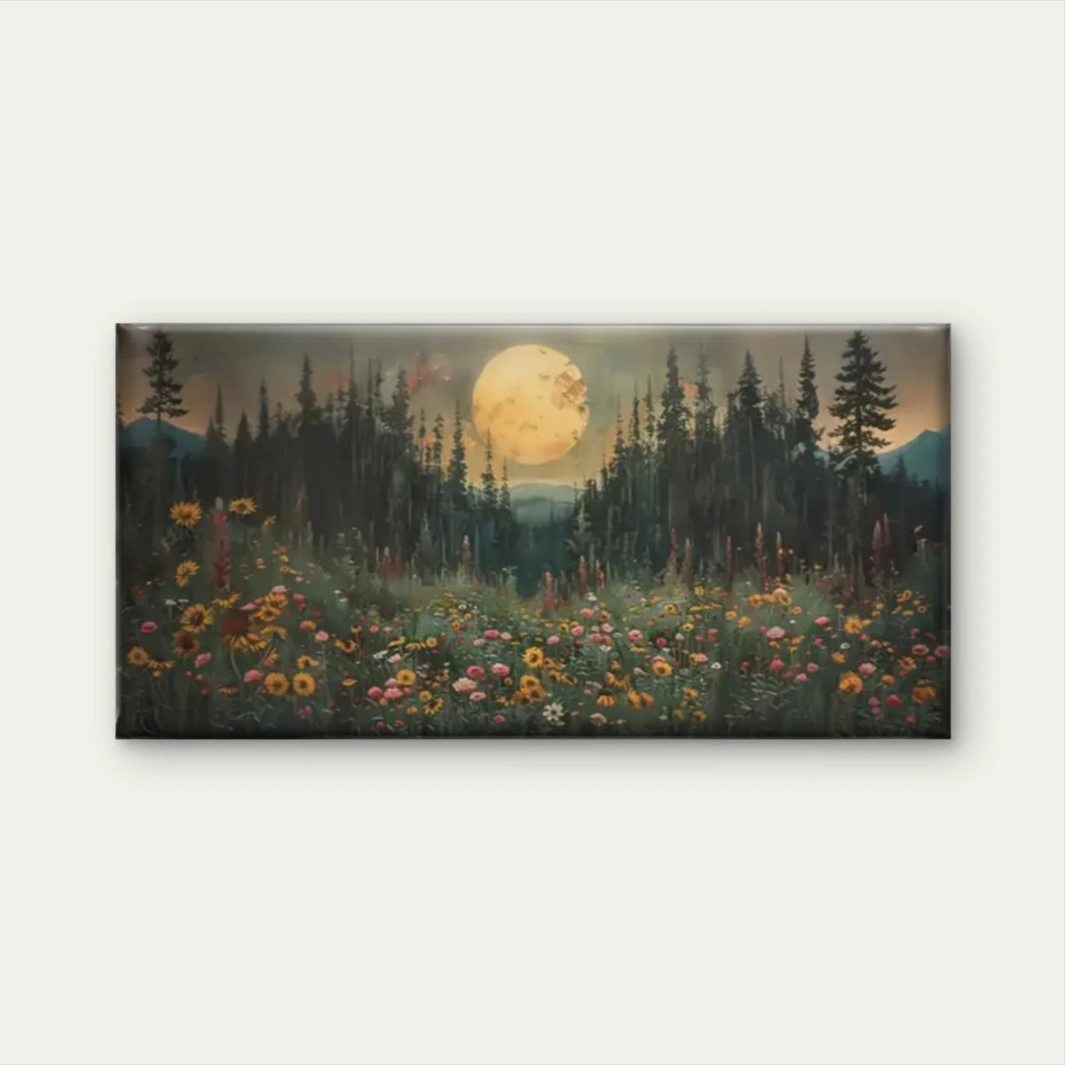 Fields Of Flowers Full Moon Wall Art Canvas Office Home Room Framed 120x60cm
