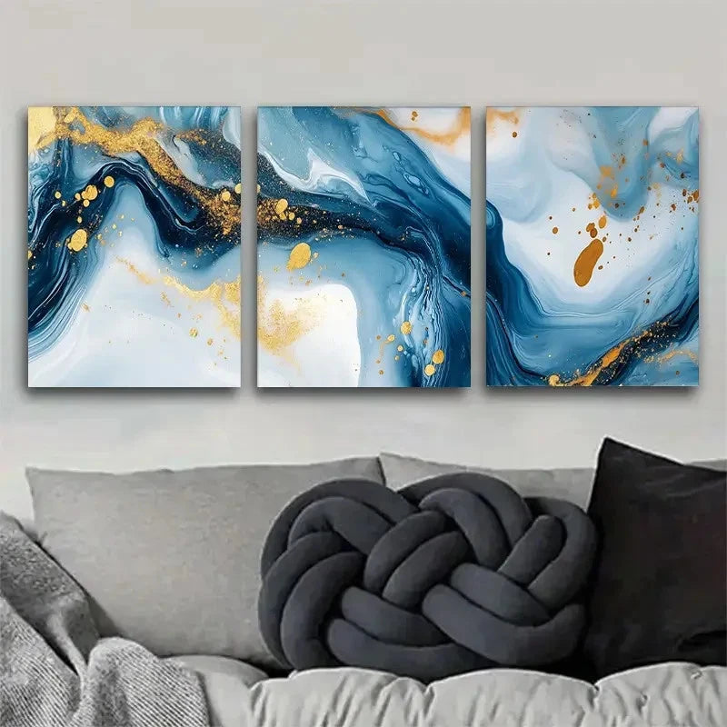 3pcs Blue and Golden Dreamy Fluid Art Painting Metal Print Ready to Hang Art