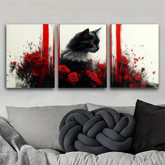 3pcs Eye-Catching Black Cat in Red Rose Metal Print Ready to Hang Art
