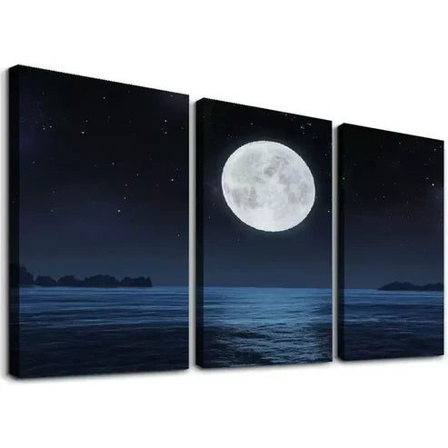 3pcs Full Moon on a Dark Night with Stars Canvas Unframed - High Quality Print 100% Australian Made Wall Canvas