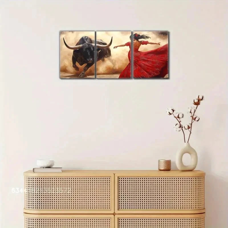 3pcs Passionate Flamenco and Bull Prints Metal Print Ready to Hang Art