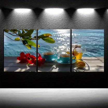 3pcs Tea Leaves and Lemons Standing on a Table Metal Print Ready to Hang Art