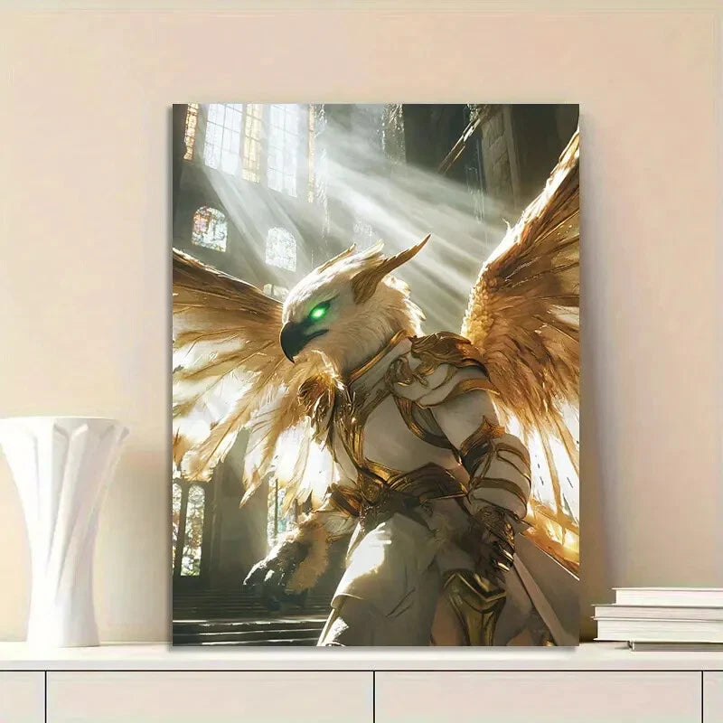 Majestic Golden Griffin with White Wings and Green Eye 40x60cm Metal Print Ready to Hang