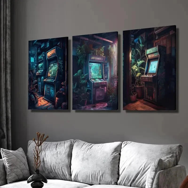 3pcs Retro Arcade Nostalgic Gaming Scenery Wall Art Set Canvas Framed 60x90cm - High Quality Print 100% Australian Made Wall Canvas Ready to Hang