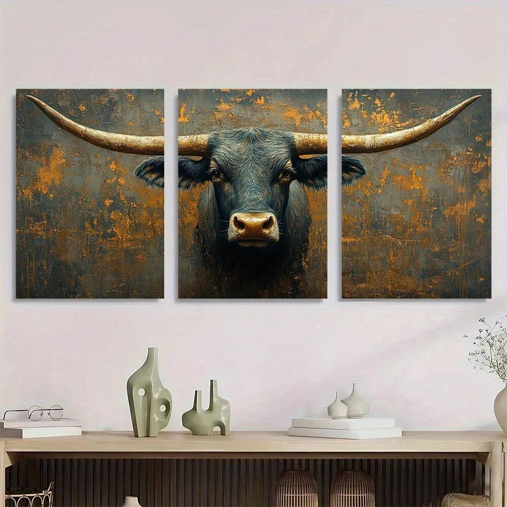 3pcs Texas Longhorn Land Cow Animal Themed Metal Print Ready to Hang Art