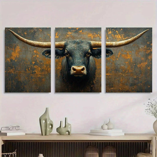 3pcs Texas Longhorn Land Cow Animal Themed Metal Print Ready to Hang Art