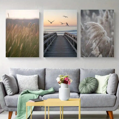 3pcs Serene Beach Path Dune Grass & Seagulls Scene Metal Print Ready to Hang Art