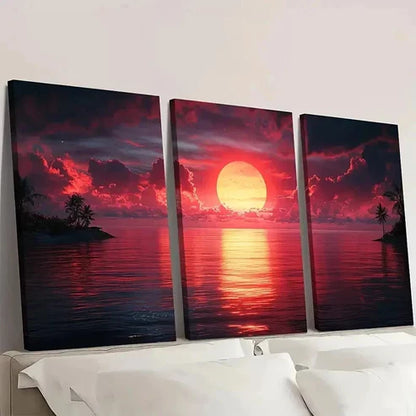 3pcs Stunning Red Sunset Digital Art Y Wall Art Set Canvas Unframed - High Quality Print 100% Australian Made Wall Canvas