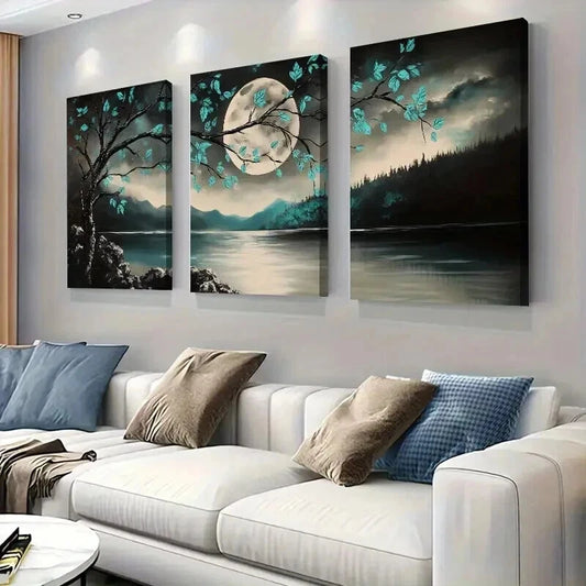 3pcs Tranquil Moonlit Forest Lake And Tree Wall Art Set Canvas Framed 40x60cm - High Quality Print 100% Australian Made Wall Canvas Ready to Hang