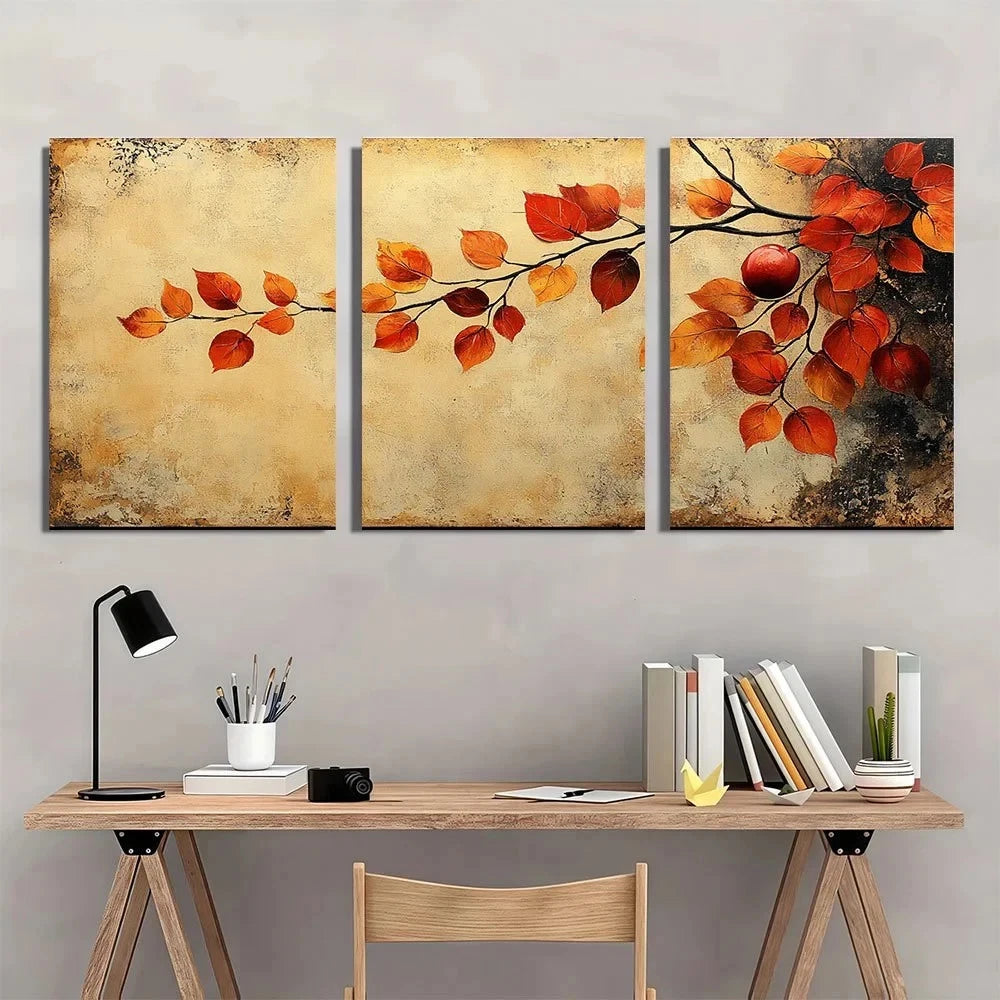 3pcs Abstract Autumn Orange and Beige Theme Metal Print Ready to Hang Art