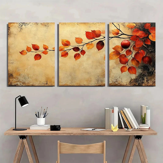 3pcs Abstract Autumn Orange and Beige Theme Metal Print Ready to Hang Art