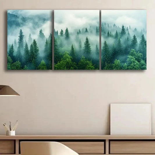 3pcs Foggy Forest Snow Capped Metal Print Ready to Hang Art