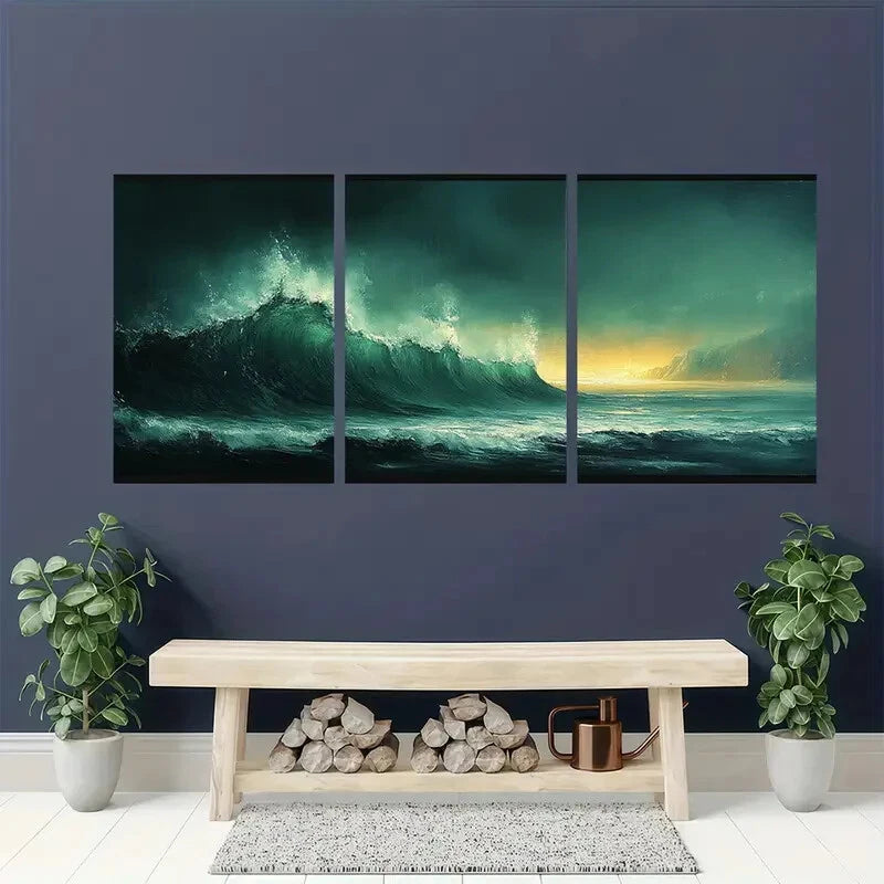 3pcs Green Abstract Landscape Sunset Reflections Metal Print Ready to Hang Art