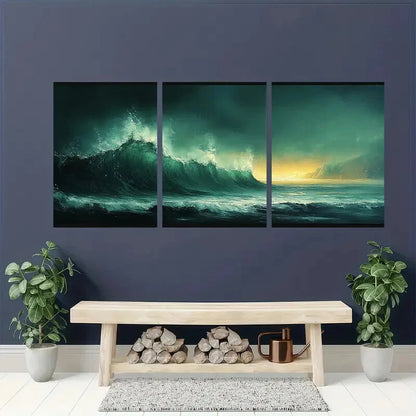 3pcs Green Abstract Landscape Sunset Reflections Metal Print Ready to Hang Art