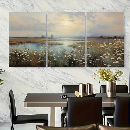 3pcs Wildflower Meadow with Serene Pond & Sky Metal Print Ready to Hang Art