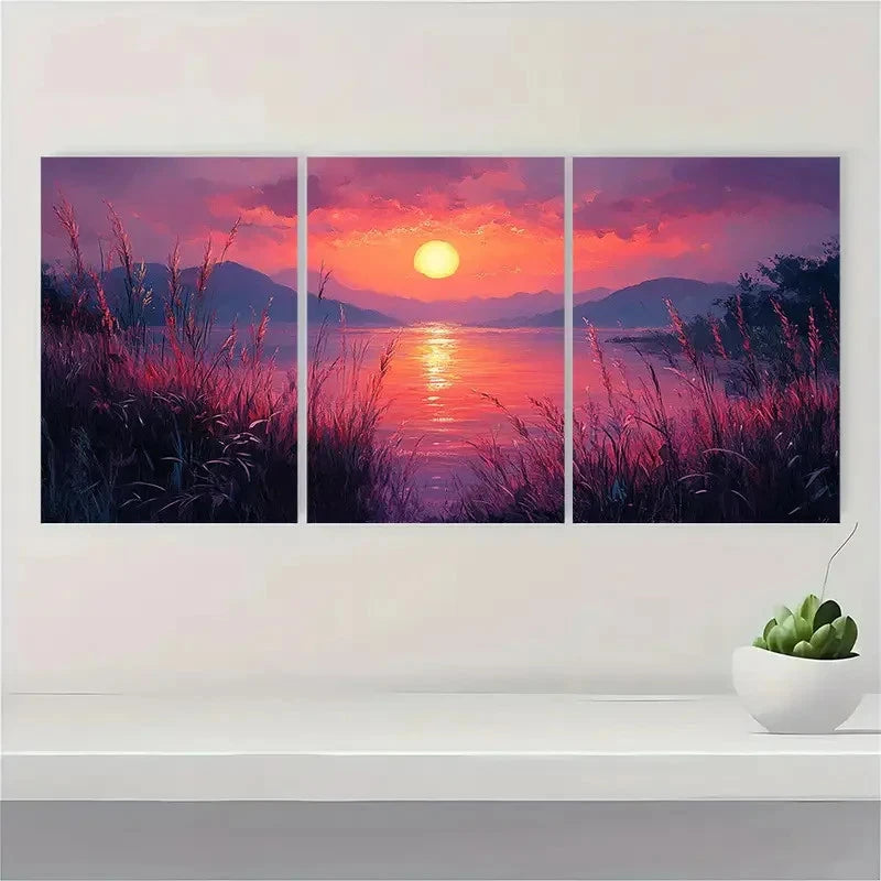 3pcs Soothing Sunrise Gouache Lilac Perfect Wall Art Set Canvas Framed 40x60cm - High Quality Print 100% Australian Made Wall Canvas Ready to Hang