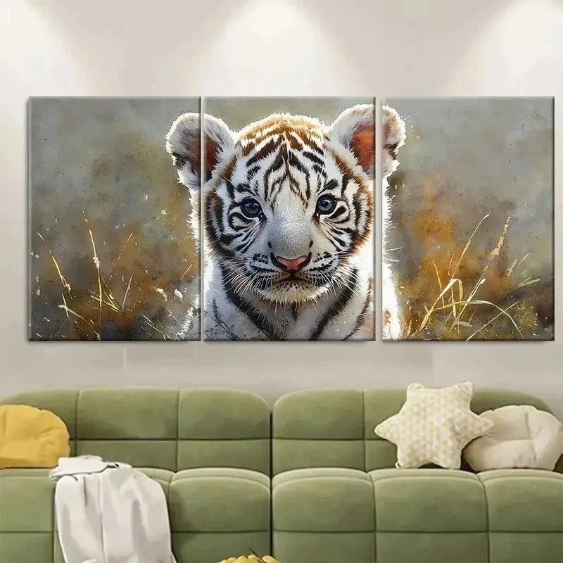 3pcs White Tiger Cub Watercolor TI Wall Art Set Canvas Framed 60x90cm - High Quality Print 100% Australian Made Wall Canvas Ready to Hang