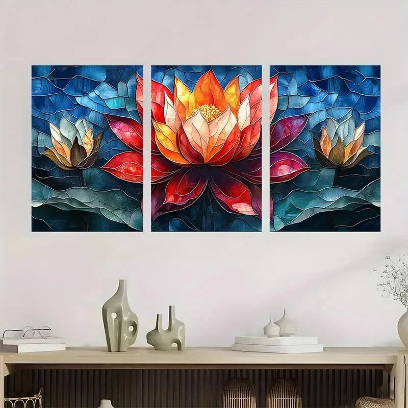 3pcs Lotus Flower Stained Glass Colorful Metal Print Ready to Hang Art